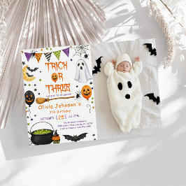 Trick Or Three Halloween Groovy Spöke 3-årsdag Inbjudningar