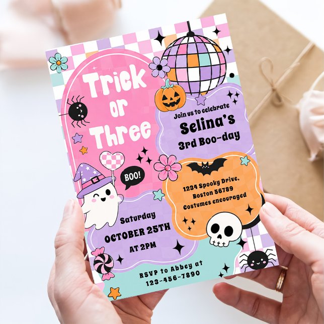 Trick Or Three Halloween Groovy Spöke 3-årsdag Inbjudningar (Skapare uppladdad)