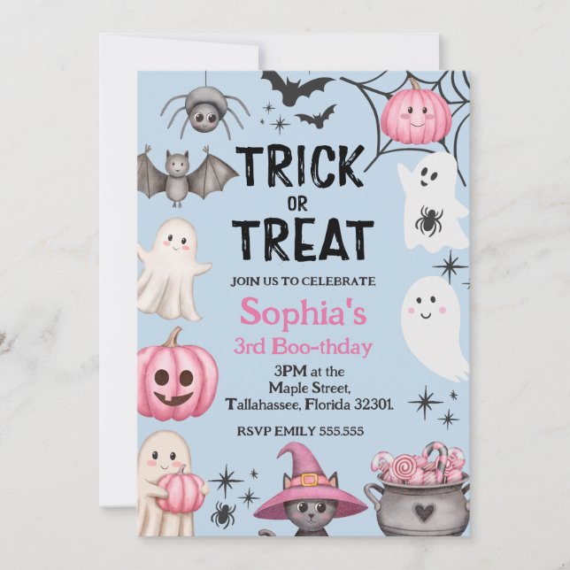 Trick Or Three Halloween-spöke 3-års födelsedagsfe Inbjudningar (Framsida)