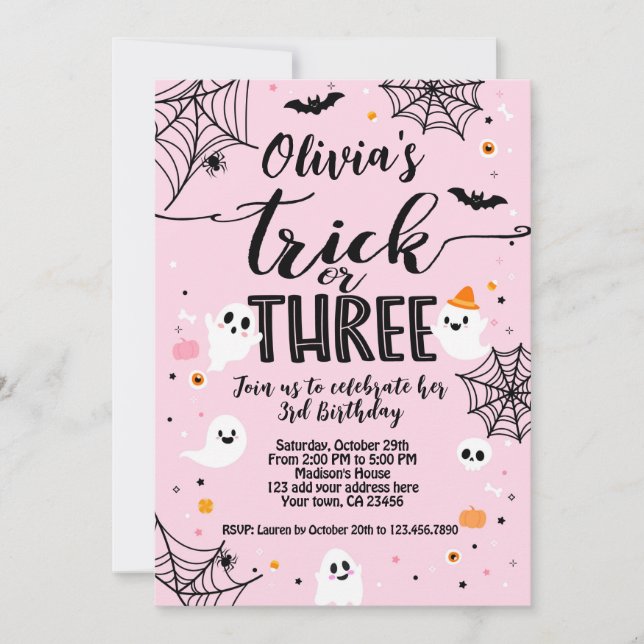 Trick or Three Pink Halloween Cute Ghost Inbjudningar (Framsida)