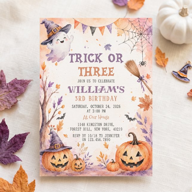 Trick Or Three Pumpa Spök Födelsedagsinbjudan Inbjudningar (Skapare uppladdad)