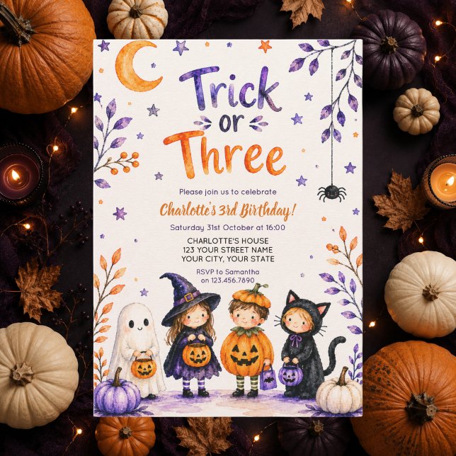 Trick or Three Söt Halloween 3-års födelsedagsfest Inbjudningar (Skapare uppladdad)