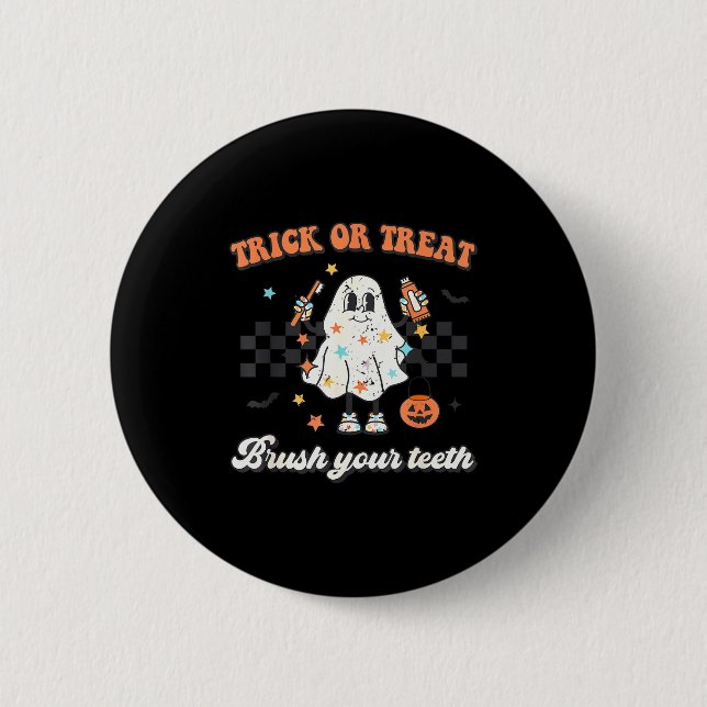 Trick Or Treat Brush Your Teeth Retro Halloween Cu Knapp (Framsida)