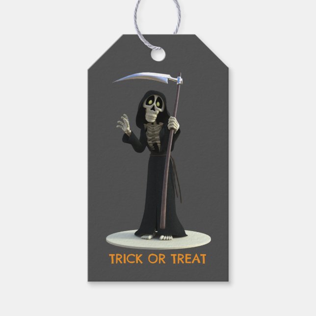 Trick or Treat. Cartoon Grim Reaper Presentetikett (Framsidan)
