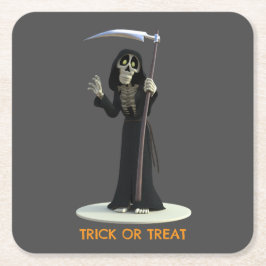 Trick or Treat. Cartoon Grim Reaper Underlägg Papper Kvadrat