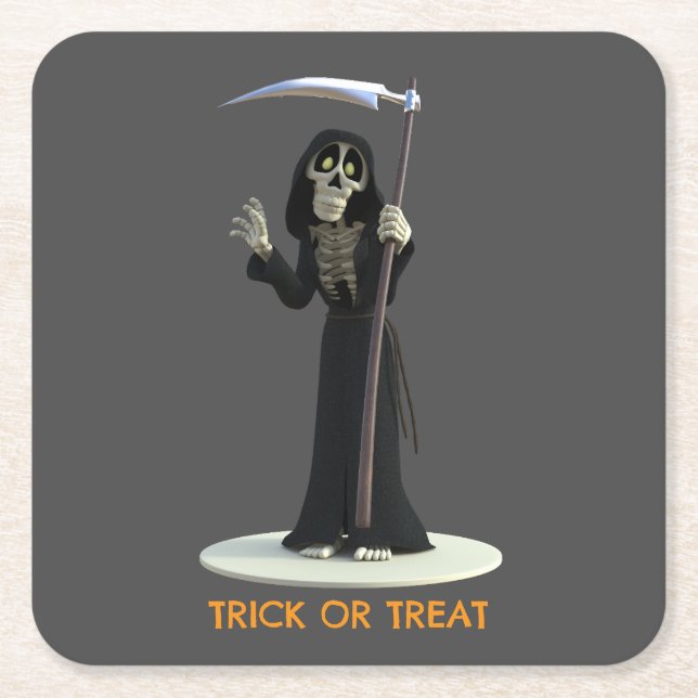 Trick or Treat. Cartoon Grim Reaper Underlägg Papper Kvadrat (Framsidan)