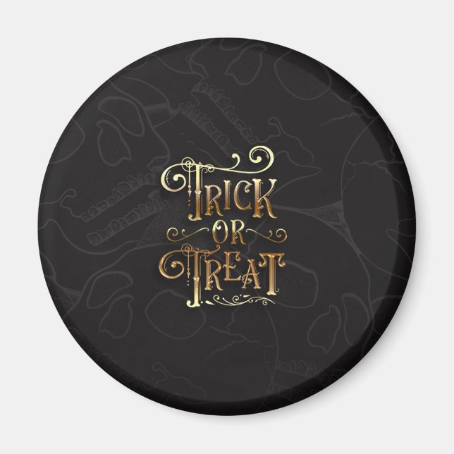 Trick or Treat Döskallar Svart & Guld Halloween Magnet (Framsidan)