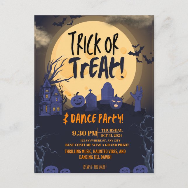 Trick or Treat Halloween Dance Party Invitation🎃 Helg Vykort (Framsida)