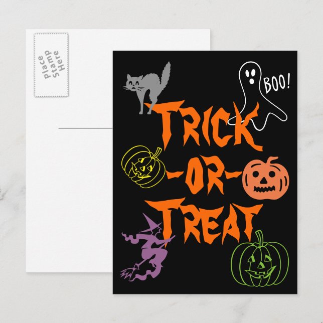 Trick-or-Treat Halloween Pumpkin Ghost Witch Vykort (Fram/baksida)