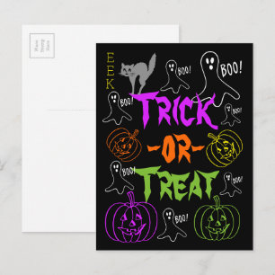 Trick-or-Treat Halloween Theme Pumpkin Ghost Cat Vykort