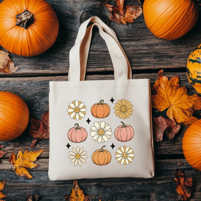 Trick or Treat-handväskan | Retro-pumpa blommig vä Tygkasse (retro pumpkin tote bag, retro flower tote bag, halloween tote bag, fall vibes tote bag, thanksgiving)