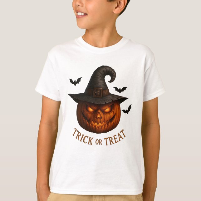 Trick or Treat Pumpkin Witch Hat Halloween Design T Shirt (Framsida)