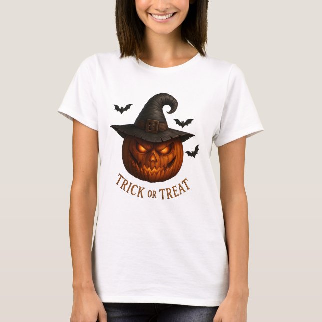 Trick or Treat Pumpkin Witch Hat Halloween Design T Shirt (Framsida)
