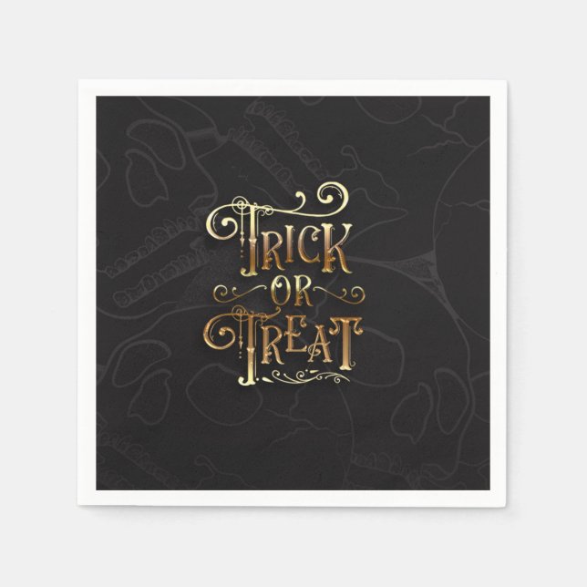 Trick or Treat Skulls Svart & Guld Halloweenfest Pappersservett (Framsidan)