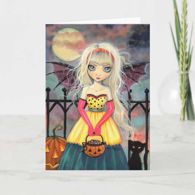 Trick or Treat Söt gotisk saga Halloween-konst Kort (Framsida)