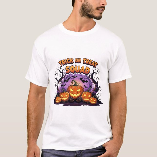Trick or Treat Squad – Funny Glowing Pumpkins Hall T Shirt (Framsida)