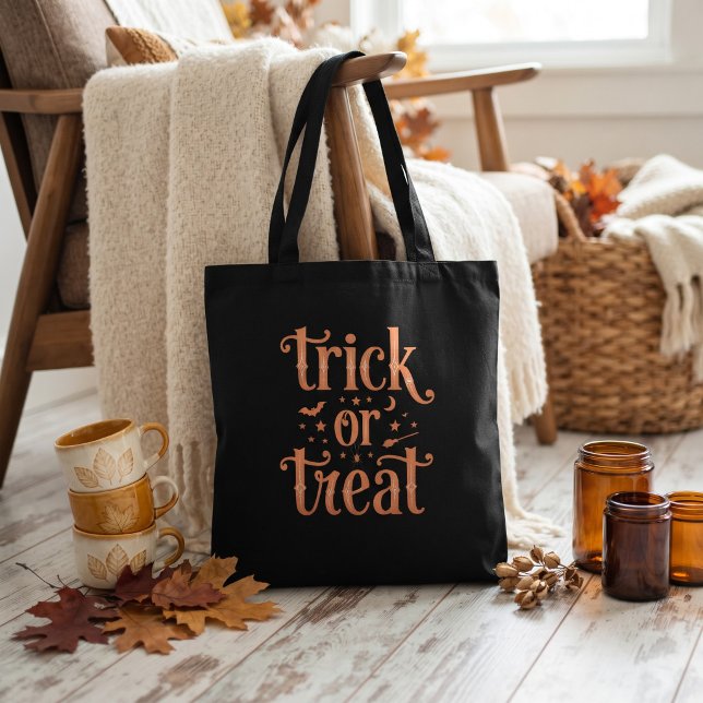 Trick or Treat Svart Orange Script Halloween-handv Tygkasse (Skapare uppladdad)