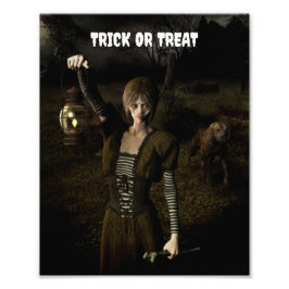 Trick or Treat. Thin female carrying lamp Fototryck