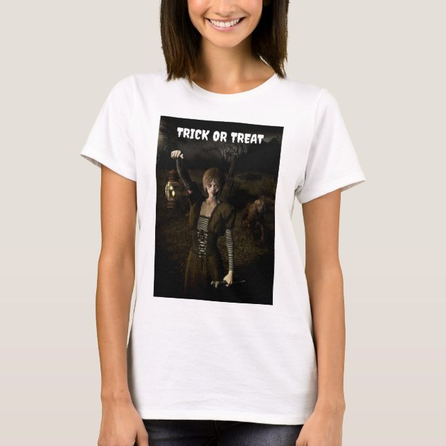 Trick or Treat. Thin female carrying lamp T Shirt (Framsida)