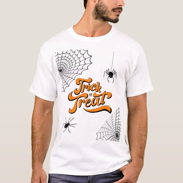 Trick or Treat Typografi med spindlar ID680 T Shirt (Framsida)