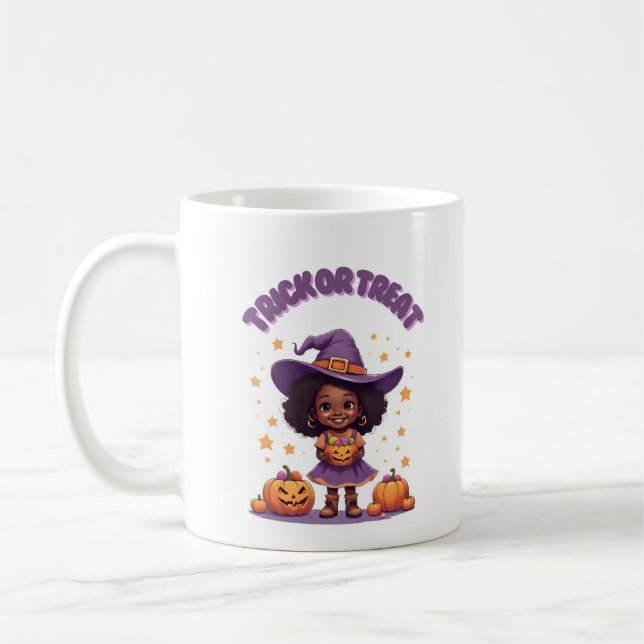 Trick or Treat Witch Girl Mug – Cute Pumpkin Hallo Kaffemugg (Vänster)