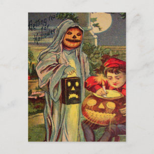 Trick R' Treat Ghost Jack o lantern Pumpkin Vykort
