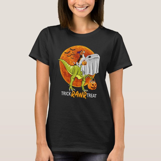 Trick Rawr Treat Beagle Ride Dinosaur Halloween T Shirt (Framsida)