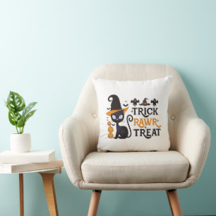 Trick Rawr Treat Black Cat White Halloween Kudde