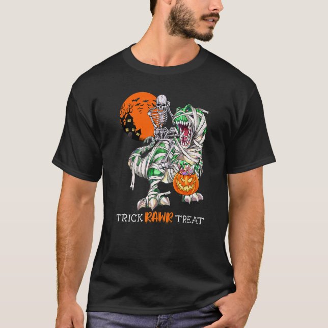 Trick Rawr Treat Skeleton Riding Dinosaur Rex Hall T Shirt (Framsida)
