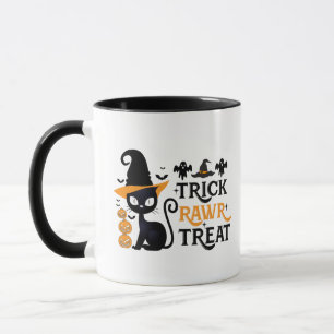 Trick Rawr Treat Svart Katt Häxhatt Halloween Mugg