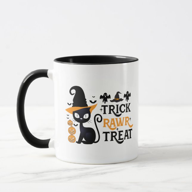 Trick Rawr Treat Svart Katt Häxhatt Halloween Mugg (Vänster)