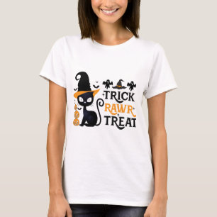 Trick Rawr Treat Svart Katt Häxhatt Halloween T Shirt