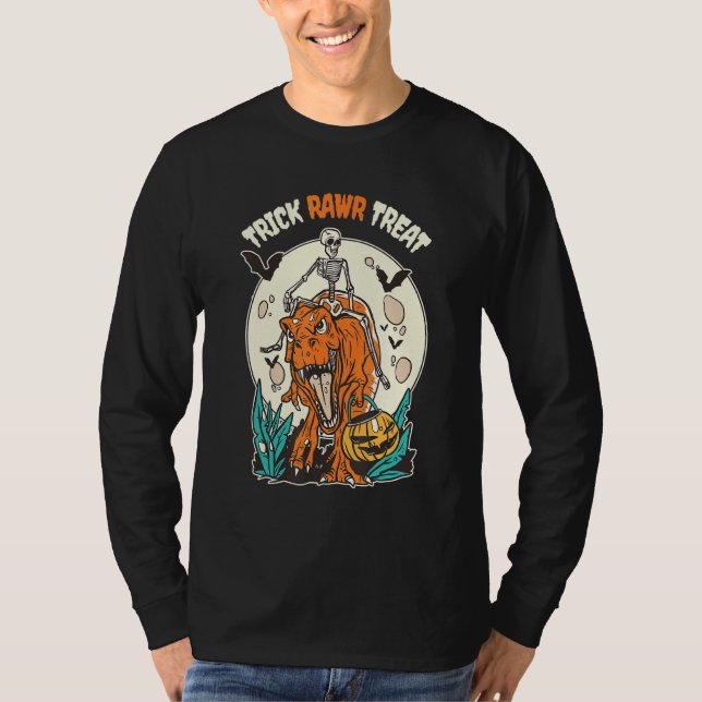 Trick Rawr Treat t Rex Dinosaur och Skeleton Hallo T Shirt (Framsida)
