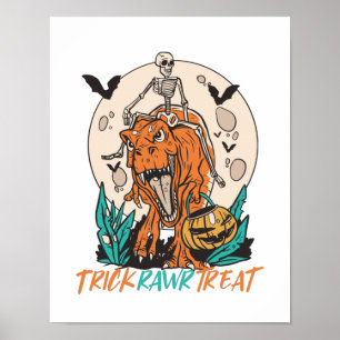 Trick Rawr Treat T Rex Dinosaur Skeleton Halloween Poster