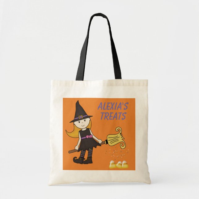 Trick Treat Flying Little Witch Halloween Tob Bag Tygkasse (Framsidan)