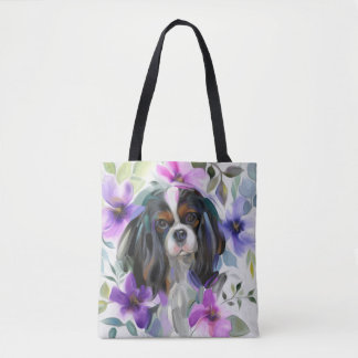 Tricolor cavalier-hund med påsen tygkasse
