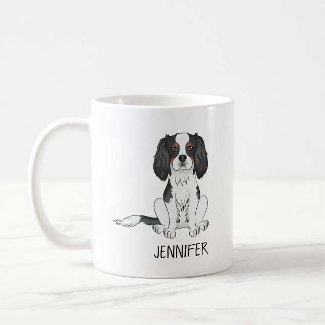 Tricolor Cavalier King Charles Spaniel Hund & Namn Kaffemugg (Vänster)