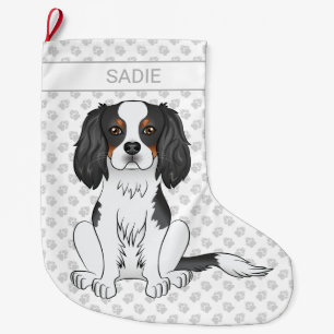 Tricolor Cavalier King Charles Spaniel Hund & Namn Stor Julstrumpa
