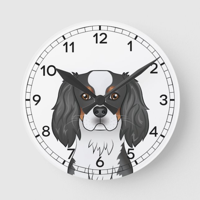 Tricolor Cavalier King Charles Spaniel Hundhuvud Rund Klocka (Framsida)