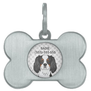 Tricolor Cavalier Kung Charles Spain Head & Text ID-bricka Husdjur