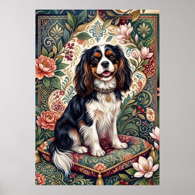 Tricolor Cavalier Spaniel Blommig Folkkonst Poster (Framsidan)
