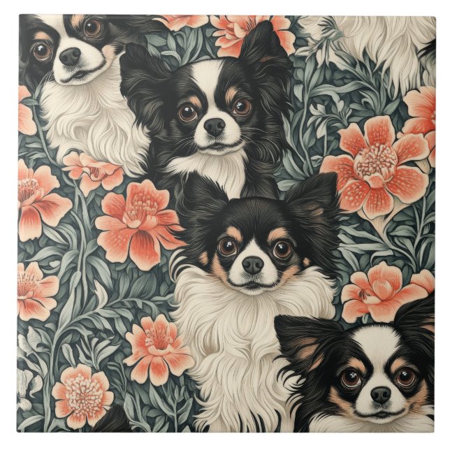 Tricolor Chihuahuas William Morris Stil Blommigt Kakelplatta (Framsidan)