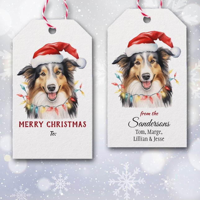 Tricolor Collie Dog Santa Hat Christmas Presentetikett (Skapare uppladdad)