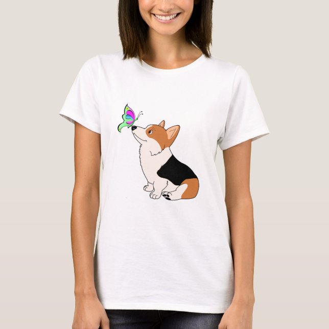Tricolor Corgi med Butterfly T Shirt (Framsida)