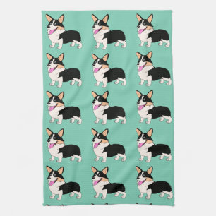 Tricolor Corgis i ljust - grönt Kökshandduk