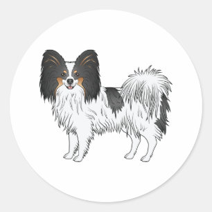Tricolor Papillon Hund Står Med Ett Glatt Ansikte Runt Klistermärke