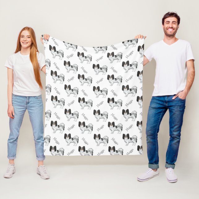 Tricolor Papillon Serieteckning Hundmönster Med Et Fleecefilt (På plats)