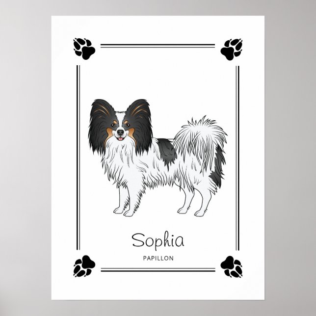 Tricolor Papillon Söt Hund Med Tassar Och Text Poster (Framsidan)