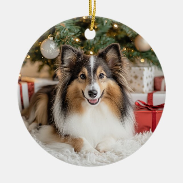 Tricolor Sheltie jul Julgransprydnad Keramik (Framsidan)