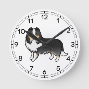 Tricolor Shetland Sheepdog Sheltie Tecknad Hund Rund Klocka